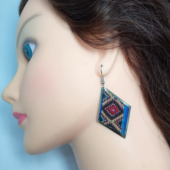 Western Cowgirl Wool & Alpaca Silver Earrings Set Boho Aztec Pattern Handmade - Picture 4 of 6